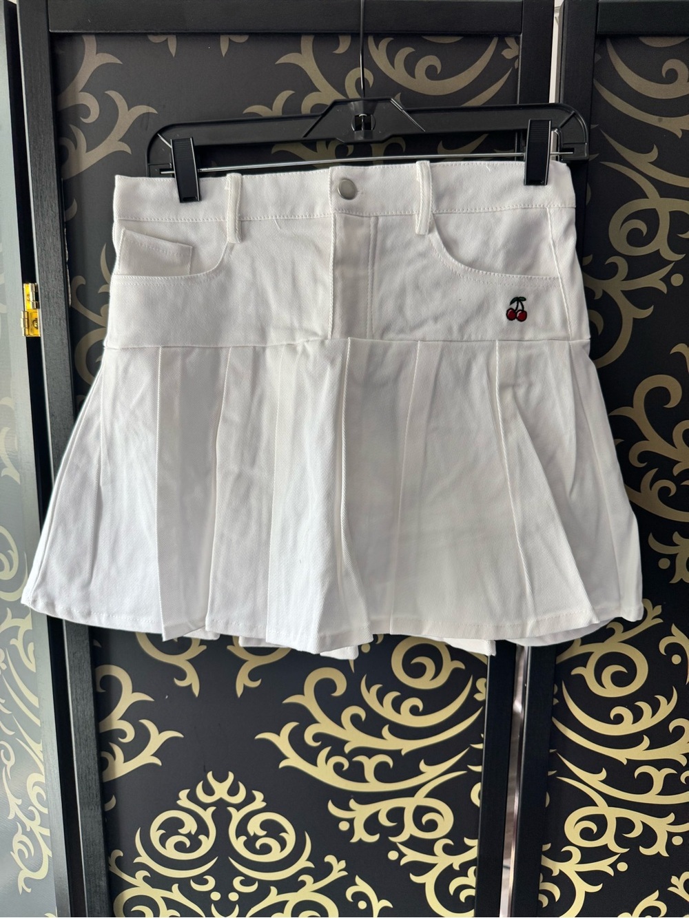 Fashion Nova White Pleated Tennis Skort with Cherry Embroidery